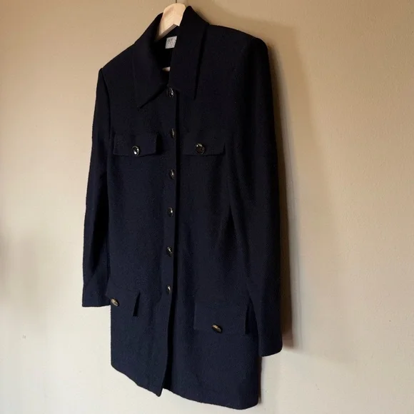 St. John Black Knit Long Tunic Cardigan Jacket Logo Button Size Medium - Picture 3 of 6